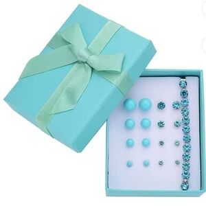 4pcs Blue Shell Pearl Earrings, 4pcs Blue Crystal Earrings, and Crystal Bracelet